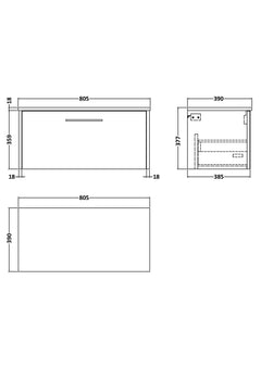 [BFPF1825W] Winshill Contemporary 1 Drawer Wall Hung Vanity Unit with Worktop - Choice of Size and Colour - Technical Drawing
