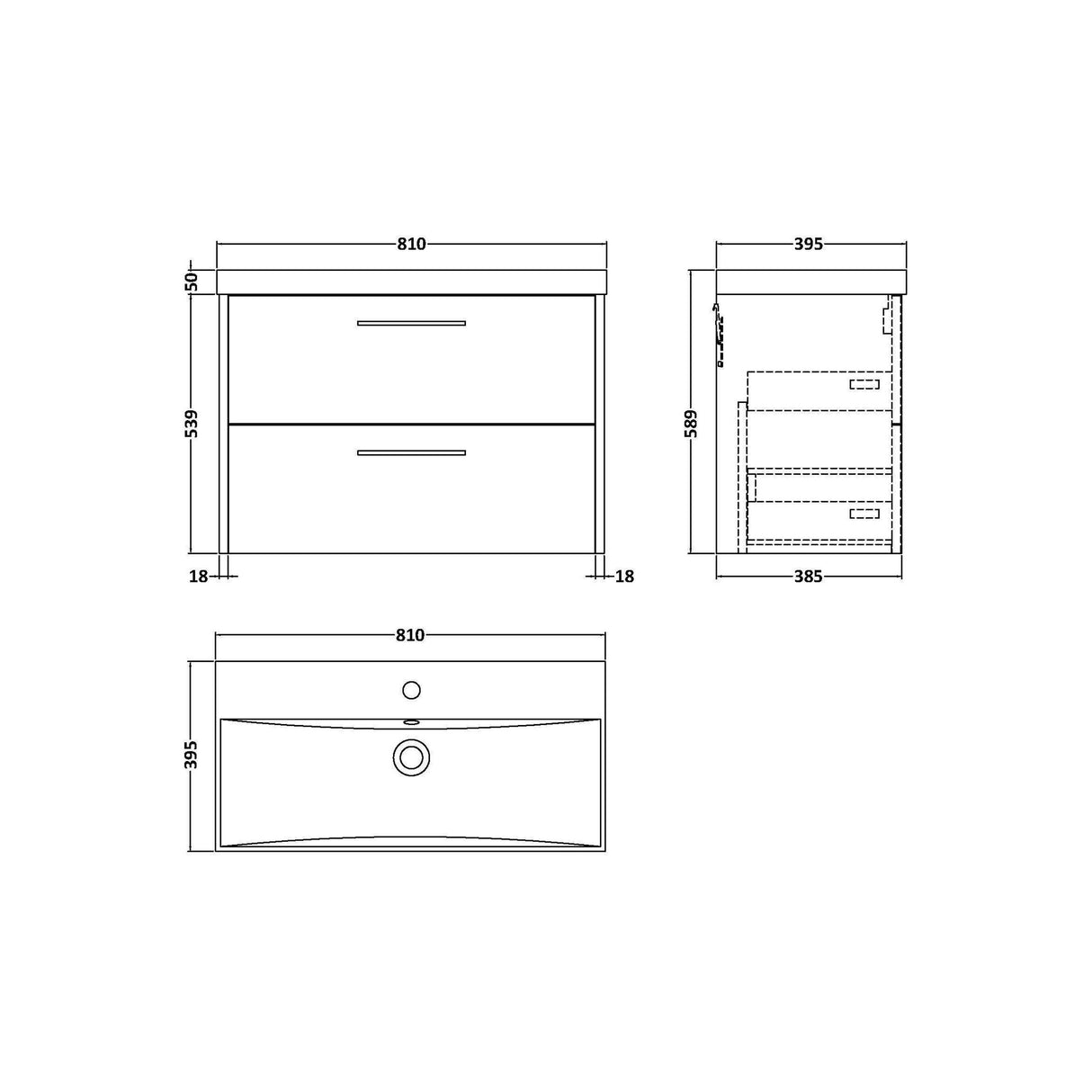[BFPF1826D] Winshill Contemporary 2 Drawer Wall Hung Vanity Unit with Thin Edge Basin - Choice of Size and Colour - Technical Drawing