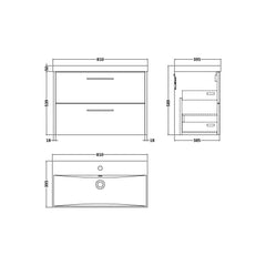 [BFPF1826D] Winshill Contemporary 2 Drawer Wall Hung Vanity Unit with Thin Edge Basin - Choice of Size and Colour - Technical Drawing