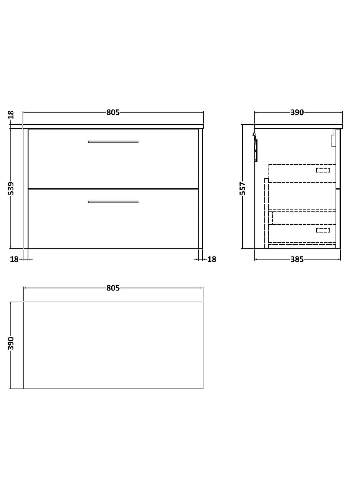 [BFPF1826W] Winshill Contemporary 2 Drawer Wall Hung Vanity Unit with Worktop - Choice of Size and Colour - Technical Drawing