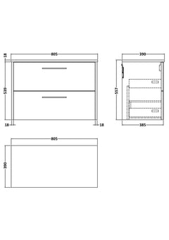 [BFPF1826W] Winshill Contemporary 2 Drawer Wall Hung Vanity Unit with Worktop - Choice of Size and Colour - Technical Drawing