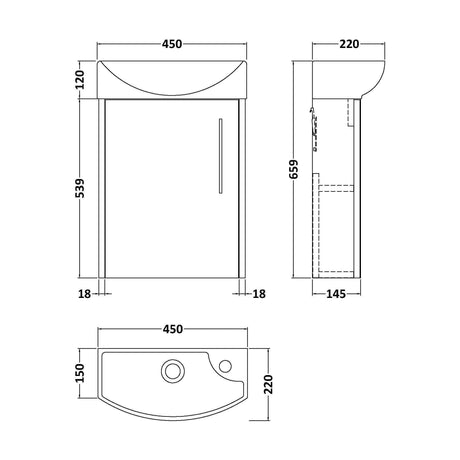 [BFPF1861L] Winshill Contemporary 1 Door Left-Hand Wall Hung Cloakroom Vanity Unit with Basin, Light Oak, 440mm - Technical Drawing