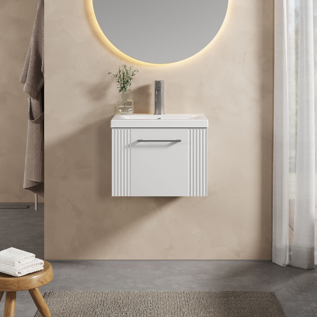 [BFPF191A] Belvide Partial Fluted 1 Drawer Wall Hung Vanity Unit with Mid-Edge 1 Tap Hole Ceramic Basin - Lifestyle 1