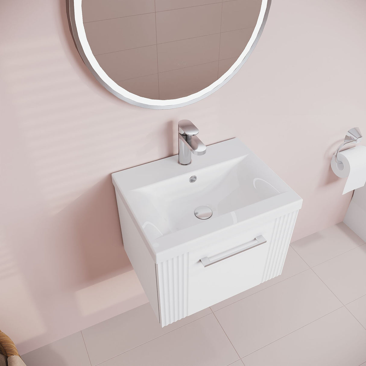 [BFPF191A] Belvide Partial Fluted 1 Drawer Wall Hung Vanity Unit with Mid-Edge 1 Tap Hole Ceramic Basin - Lifestyle 2