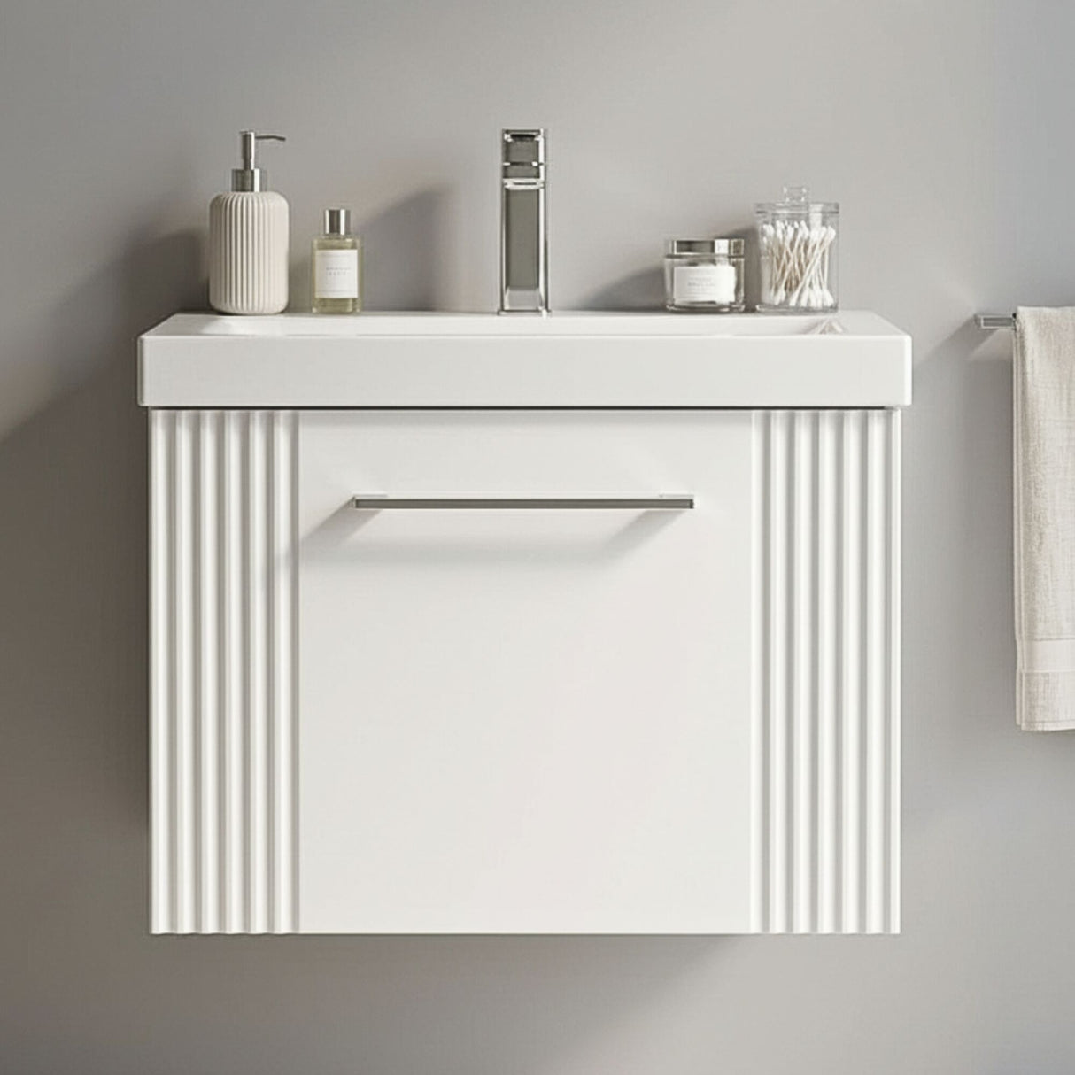 [BFPF191A] Belvide Partial Fluted 1 Drawer Wall Hung Vanity Unit with Mid-Edge 1 Tap Hole Ceramic Basin - Silo