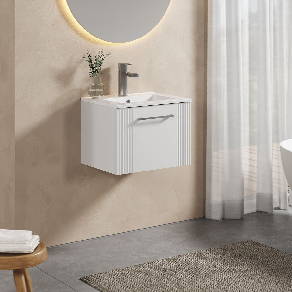 [BFPF191B] Belvide Retro Partial Fluted 1 Drawer Wall Hung Vanity Basin Unit with Minimalist Basin, Choice of Size and Colour