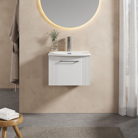 [BFPF191G] Partial Fluted 1 Drawer Wall Hung Vanity Unit with 1 Tap Hole Curved Basin- 500mm - Satin White - Lifestyle 1