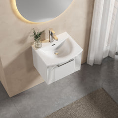 [BFPF191G] Partial Fluted 1 Drawer Wall Hung Vanity Unit with 1 Tap Hole Curved Basin- 500mm - Satin White - Lifestyle 2