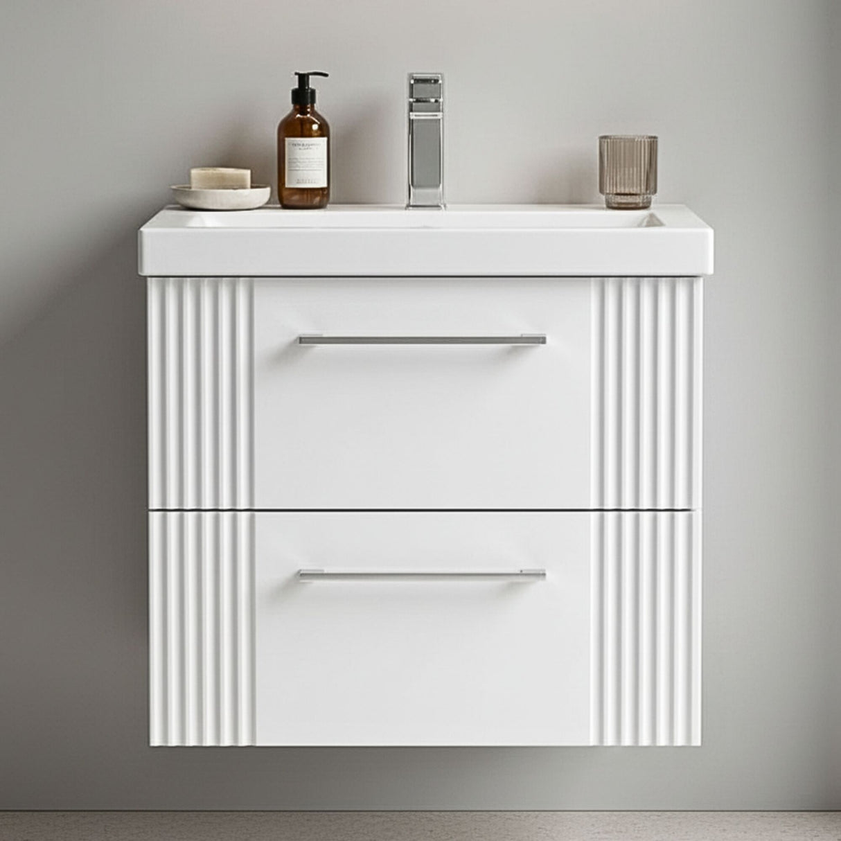 [BFPF192A] Belvide Partial Fluted 2 Drawer Wall Hung Vanity Unit with Mid-Edge 1 Tap Hole Ceramic Basin - Silo