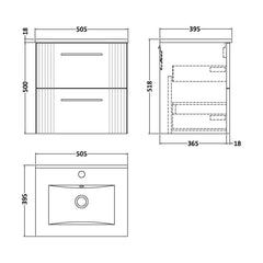 [BFPF192B] Partial Fluted 2 Drawer Wall Hung Vanity Unit with 1 Tap Hole Minimalist Basin - 500mm - Satin White - Technical Drawing
