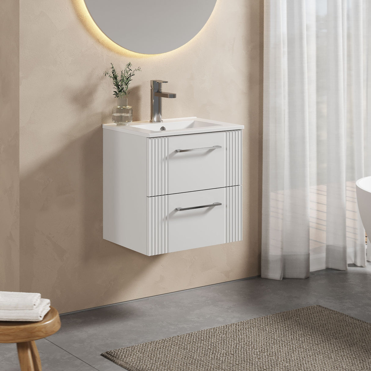 [BFPF192B] Partial Fluted 2 Drawer Wall Hung Vanity Unit with 1 Tap Hole Minimalist Basin - 500mm - Satin White - Lifestyle 3
