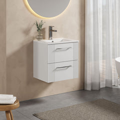 [BFPF192B] Partial Fluted 2 Drawer Wall Hung Vanity Unit with 1 Tap Hole Minimalist Basin - 500mm - Satin White - Lifestyle 3