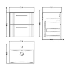 [BFPF192D] Partial Fluted 2 Drawer Wall Hung Vanity Unit with 1 Tap Hole Thin-Edge Basin- 500mm - Satin White - Technical Drawing
