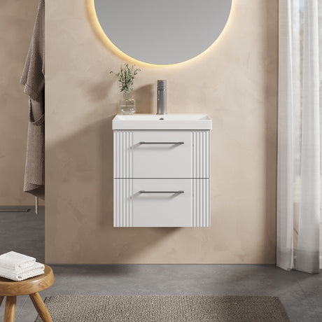 [BFPF192D] Partial Fluted 2 Drawer Wall Hung Vanity Unit with 1 Tap Hole Thin-Edge Basin- 500mm - Satin White - Lifestyle 1