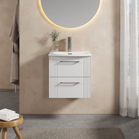 [BFPF192G] Partial Fluted 2 Drawer Wall Hung Vanity Unit with 1 Tap Hole Curved Basin- 500mm - Satin White - Lifestyle 1