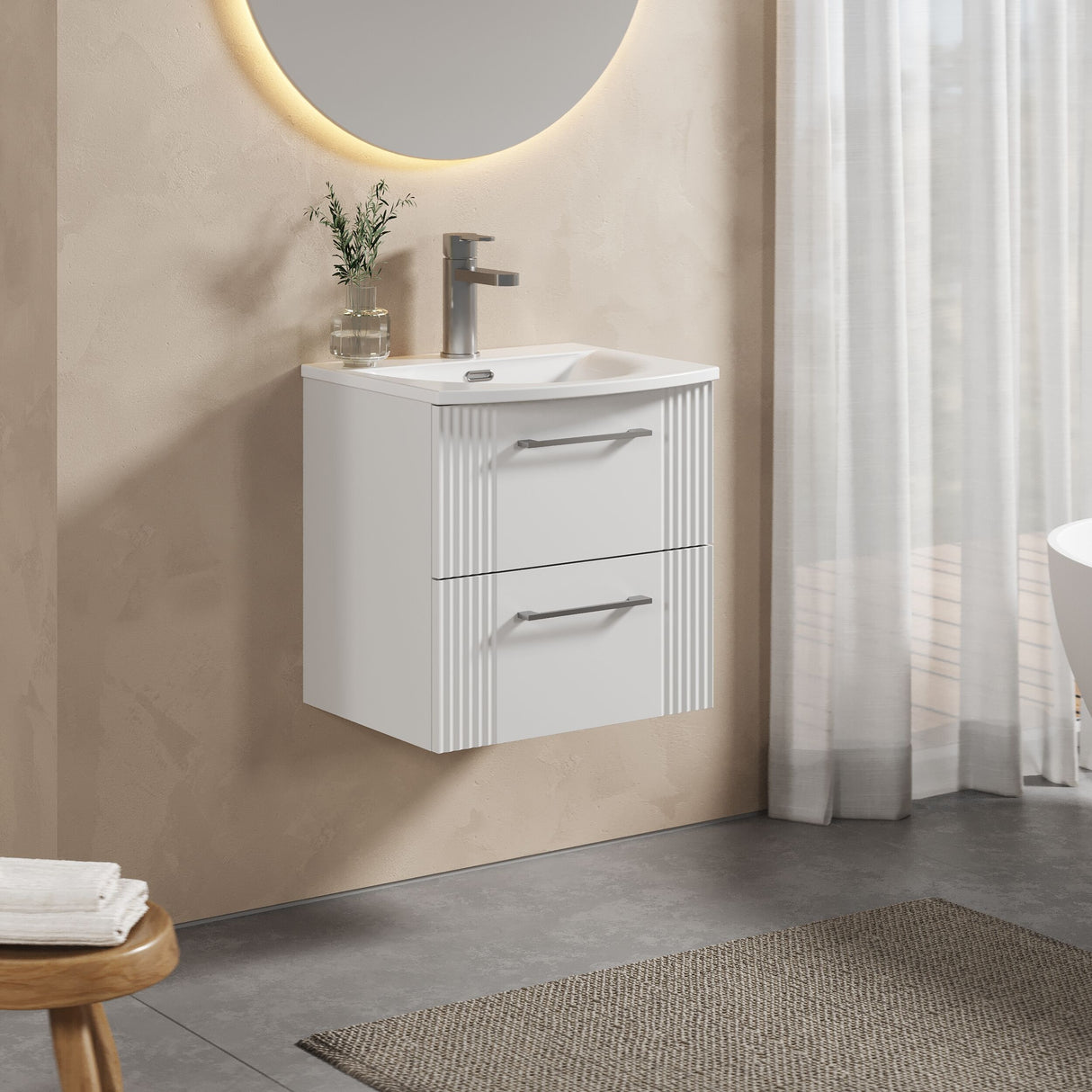 [BFPF192G] Partial Fluted 2 Drawer Wall Hung Vanity Unit with 1 Tap Hole Curved Basin- 500mm - Satin White - Lifestyle 3