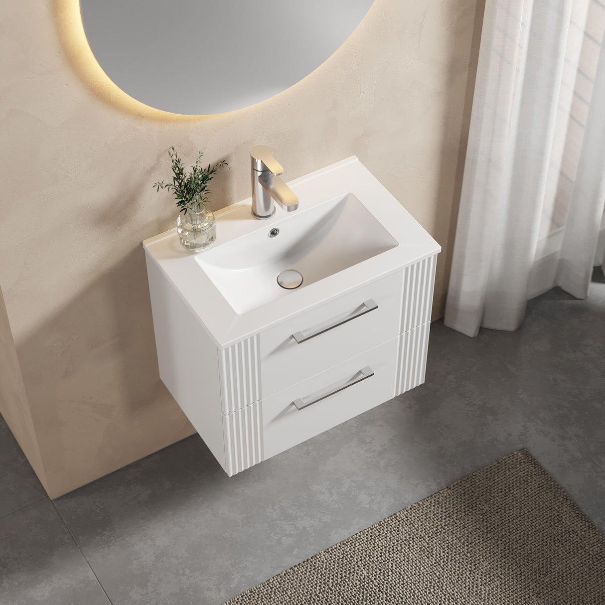 [BFPF193B] Belvide Retro Partial Fluted 2 Drawer Wall Hung Vanity Basin Unit with Minimalist Basin, Choice of Size and Colour - Lifestyle 2