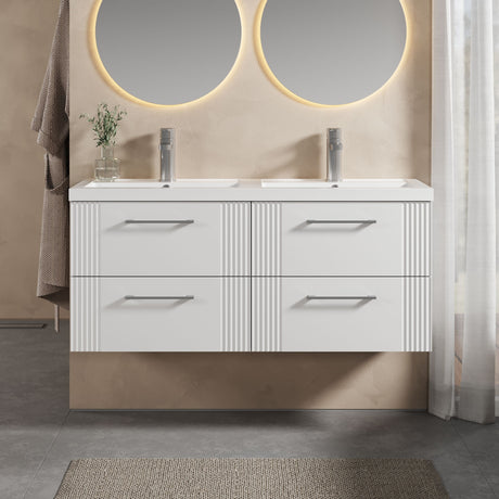 [BFPF193C] Partial Fluted 4 Drawer Wall Hung Vanity Unit with Double Polymarble Basin - 1200mm - Satin White - Lifestyle 1