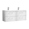 [BFPF193F] Partial Fluted 4 Drawer Wall Hung Vanity Unit with Double Ceramic Basin - 1200mm - Satin White - Cutout