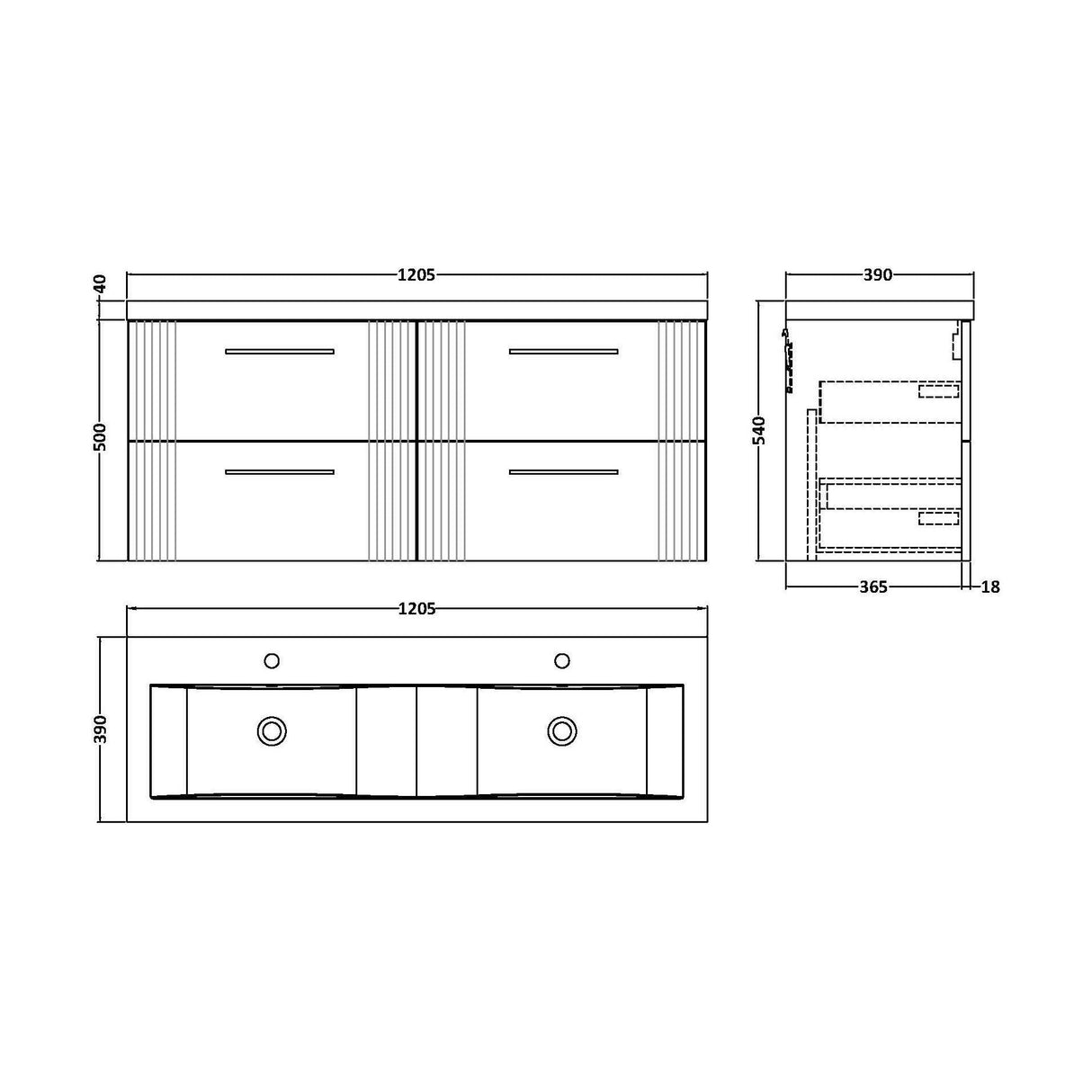 [BFPF193F] Partial Fluted 4 Drawer Wall Hung Vanity Unit with Double Ceramic Basin - 1200mm - Satin White - Technical Drawing