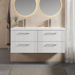 [BFPF193F] Partial Fluted 4 Drawer Wall Hung Vanity Unit with Double Ceramic Basin - 1200mm - Satin White - Lifestyle 1