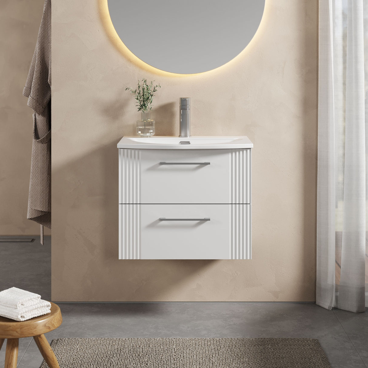 [BFPF193G] Belvide Retro Partial Fluted 2 Drawer Wall Hung Vanity Basin Unit with Curved Basin, Choice of Size and Colour - Lifestyle 1