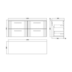 [BFPF193LBG2] Partial Fluted 4 Drawer Wall Hung Vanity Unit with Bellato Grey Laminate Worktop - 1200mm - Satin White - Technical Drawing