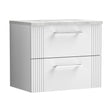 [BFPF193LBG] Partial Fluted 2 Drawer Wall Hung Vanity Unit with Bellato Grey Laminate Worktop - 600mm - Satin White - Cutout