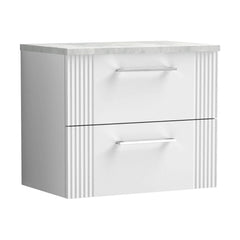 [BFPF193LBG] Partial Fluted 2 Drawer Wall Hung Vanity Unit with Bellato Grey Laminate Worktop - 600mm - Satin White - Cutout