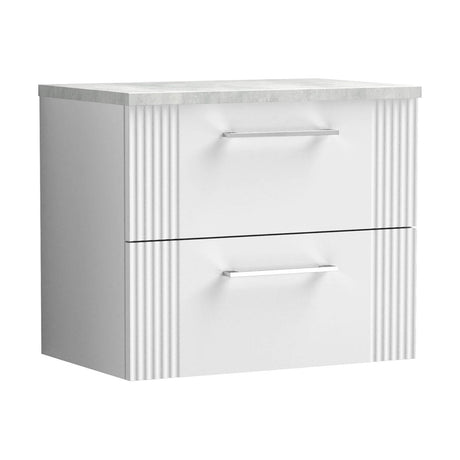 [BFPF193LBG] Partial Fluted 2 Drawer Wall Hung Vanity Unit with Bellato Grey Laminate Worktop - 600mm - Satin White - Cutout
