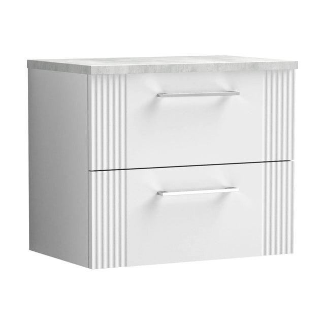 [BFPF193LBG] Partial Fluted 2 Drawer Wall Hung Vanity Unit with Bellato Grey Laminate Worktop - 600mm - Satin White - Cutout