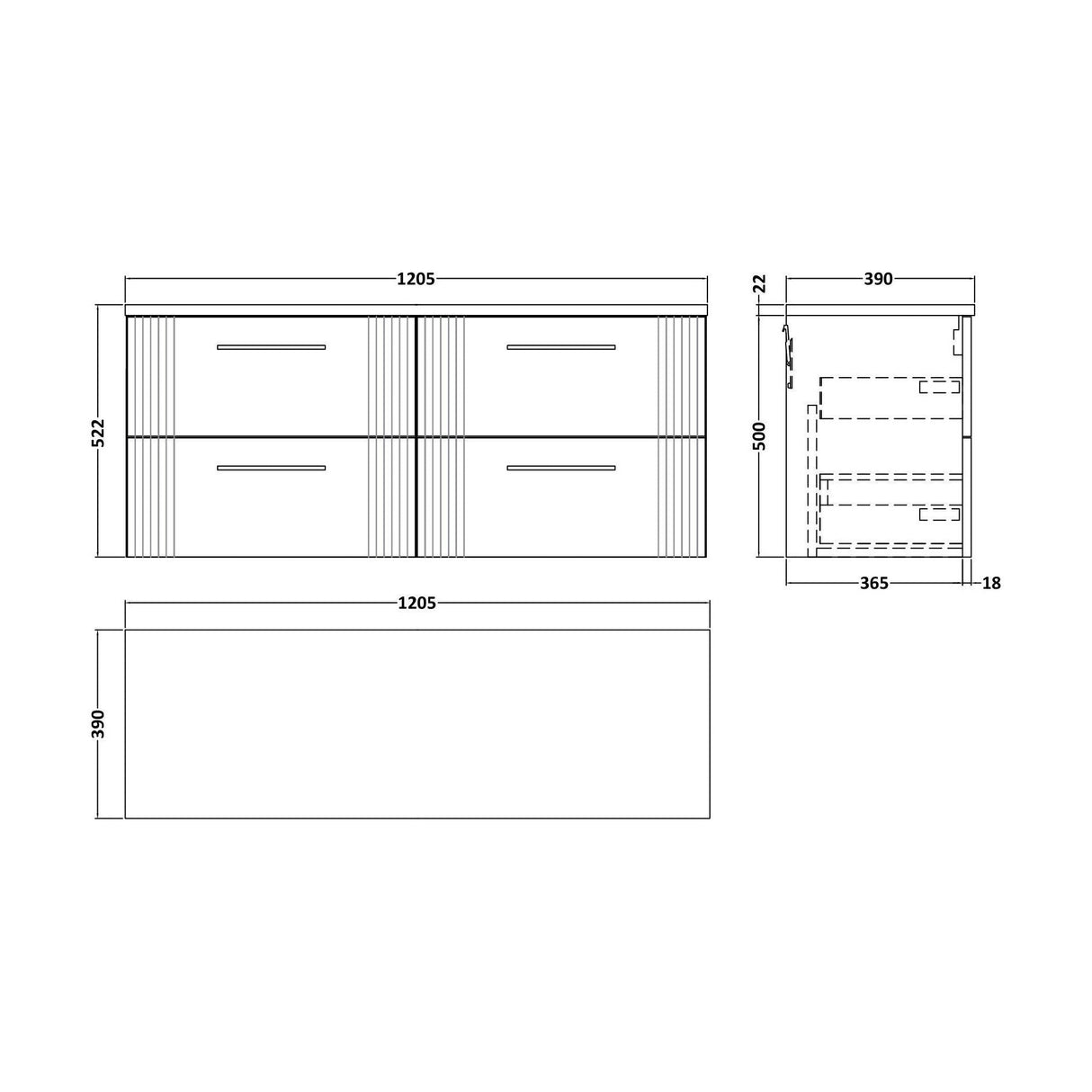 [BFPF193LCM2] Partial Fluted 4 Drawer Wall Hung Vanity Unit with Carrera Marble Laminate Worktop - 1200mm - Satin White - Technical Drawing
