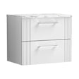 [BFPF193LCM] Partial Fluted 2 Drawer Wall Hung Vanity Unit with Carrera Marble Laminate Worktop - 600mm - Satin White - Cutout