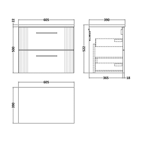 [BFPF193LCM] Partial Fluted 2 Drawer Wall Hung Vanity Unit with Carrera Marble Laminate Worktop - 600mm - Satin White - Technical Drawing