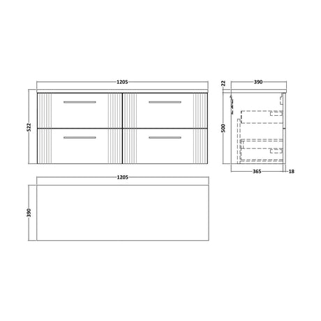 [BFPF193LSB2] Partial Fluted 4 Drawer Wall Hung Vanity Unit with Sparkling Black Laminate Worktop - 1200mm - Satin White - Technical Drawing
