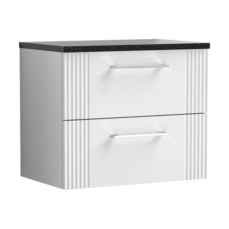 [BFPF193LSB] Partial Fluted 2 Drawer Wall Hung Vanity Unit with Sparkling Black Laminate Worktop - 600mm - Satin White - Cutout