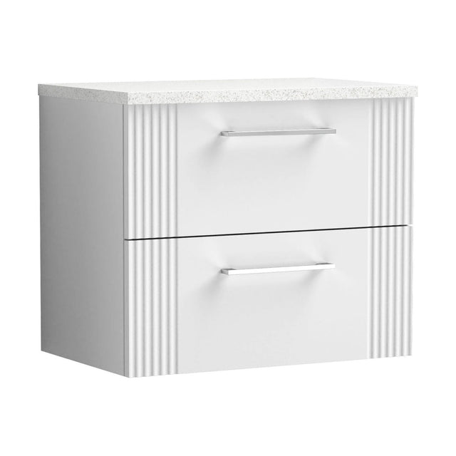 [BFPF193LSW] Partial Fluted 2 Drawer Wall Hung Vanity Unit with Sparkling White Laminate Worktop - 600mm - Satin White - Cutout