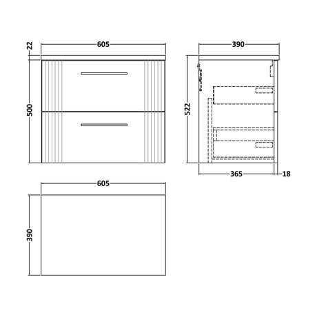 [BFPF193LSW] Partial Fluted 2 Drawer Wall Hung Vanity Unit with Sparkling White Laminate Worktop - 600mm - Satin White - Technical Drawing