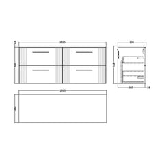 [BFPF193W2] Partial Fluted 4 Drawer Wall Hung Vanity Unit with Colour Coordinating Worktop - 1200mm - Satin White - Technical Drawing
