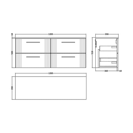 [BFPF193W2] Partial Fluted 4 Drawer Wall Hung Vanity Unit with Colour Coordinating Worktop - 1200mm - Satin White - Technical Drawing