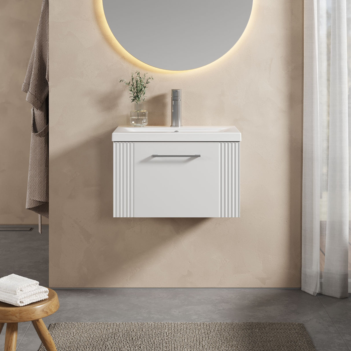 [BFPF194A] Belvide Partial Fluted 1 Drawer Wall Hung Vanity Unit with Mid-Edge 1 Tap Hole Ceramic Basin - Lifestyle 1