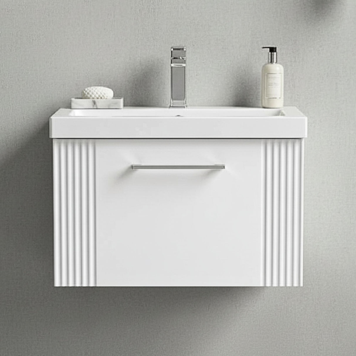 [BFPF194A] Belvide Partial Fluted 1 Drawer Wall Hung Vanity Unit with Mid-Edge 1 Tap Hole Ceramic Basin - Silo