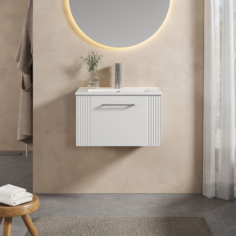 [BFPF194B] Partial Fluted 1 Drawer Wall Hung Vanity Unit with 1 Tap Hole Minimalist Basin - 600mm - Satin White - Lifestyle 1