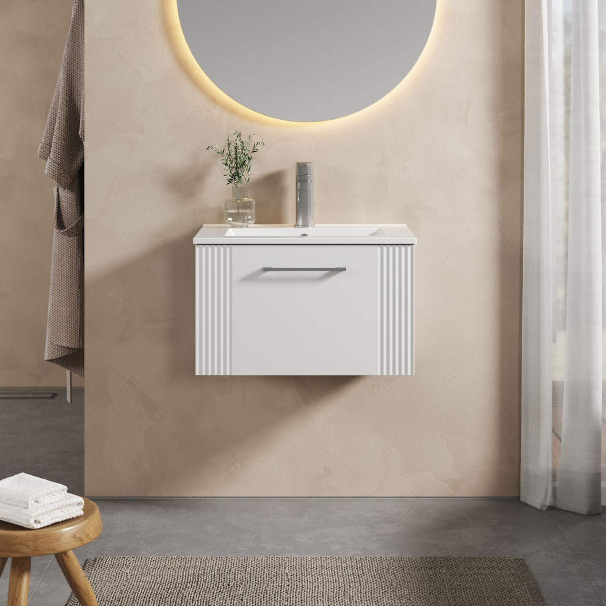 [BFPF194B] Belvide Retro Partial Fluted 1 Drawer Wall Hung Vanity Basin Unit with Minimalist Basin, Choice of Size and Colour