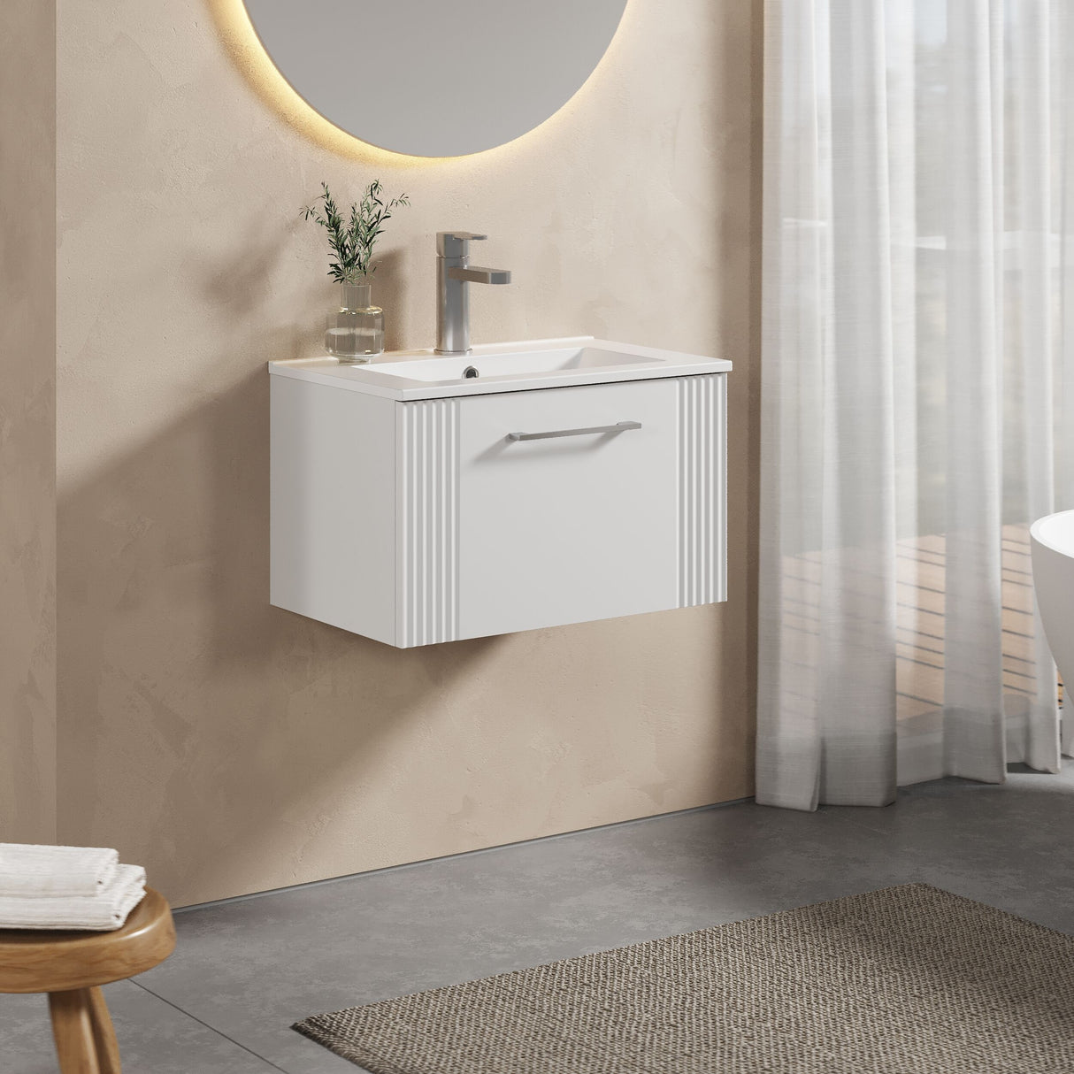 [BFPF194B] Belvide Retro Partial Fluted 1 Drawer Wall Hung Vanity Basin Unit with Minimalist Basin, Choice of Size and Colour