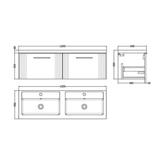 [BFPF194C] Partial Fluted 2 Drawer Wall Hung Vanity Unit with Double Polymarble Basin - 1200mm - Satin White - Technical Drawing