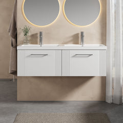 [BFPF194C] Partial Fluted 2 Drawer Wall Hung Vanity Unit with Double Polymarble Basin - 1200mm - Satin White - Lifestyle 1
