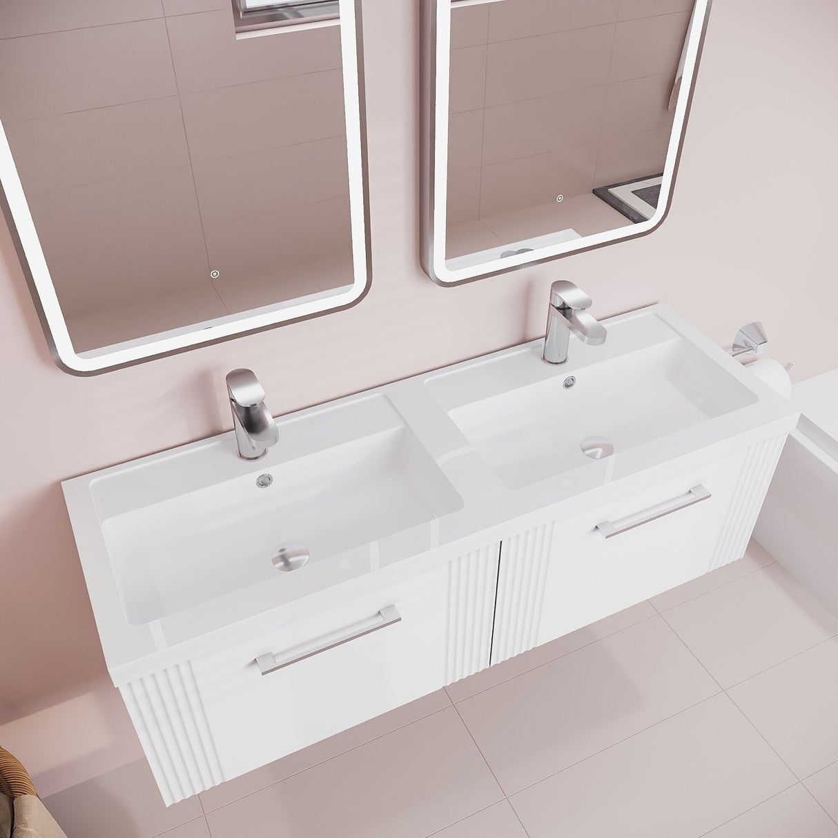 [BFPF194C] Partial Fluted 2 Drawer Wall Hung Vanity Unit with Double Polymarble Basin - 1200mm - Satin White - Lifestyle 2