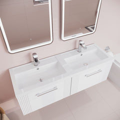 [BFPF194C] Partial Fluted 2 Drawer Wall Hung Vanity Unit with Double Polymarble Basin - 1200mm - Satin White - Lifestyle 2