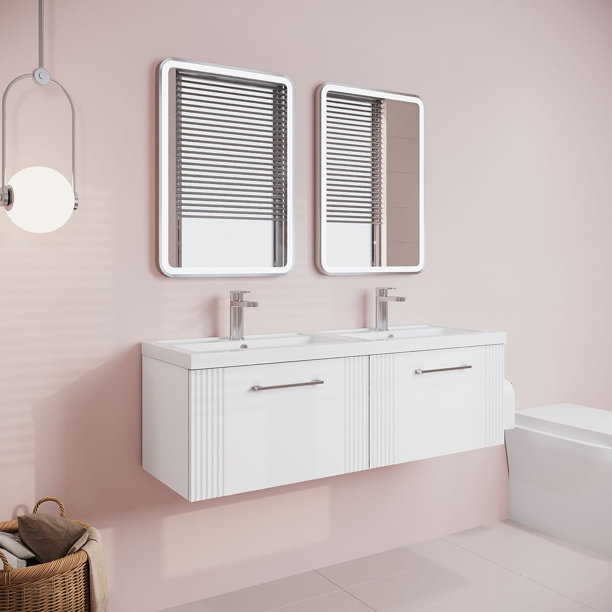 [BFPF194C] Partial Fluted 2 Drawer Wall Hung Vanity Unit with Double Polymarble Basin - 1200mm - Satin White - Lifestyle 3